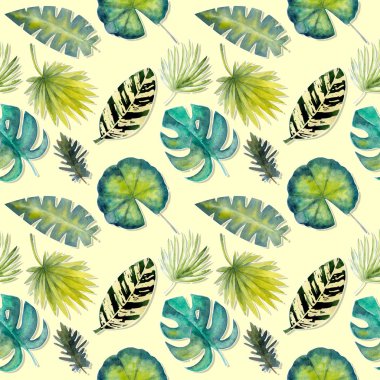 Seamless modeli. Tropikal yaprak suluboya arka plan... Tropikal yaprak suluboya arka plan. Çiçek çizimler.
