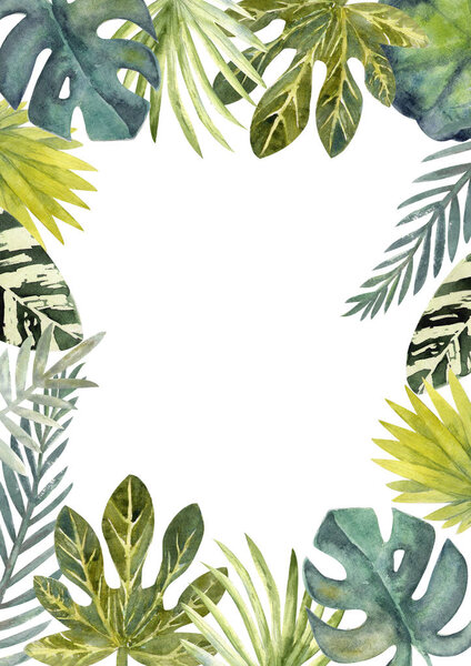 Watercolor frame of colorful tropical leaves. For invitations, greeting cards and Wallpapers.