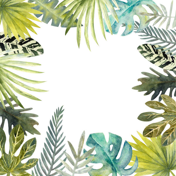 Watercolor frame of colorful tropical leaves. For invitations, greeting cards and Wallpapers.