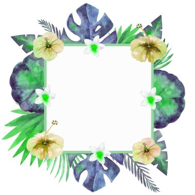 Renkli tropik yapraklardan oluşan suluboya çerçeve. Davetiyeler, tebrik kartları ve duvar kağıtları için.