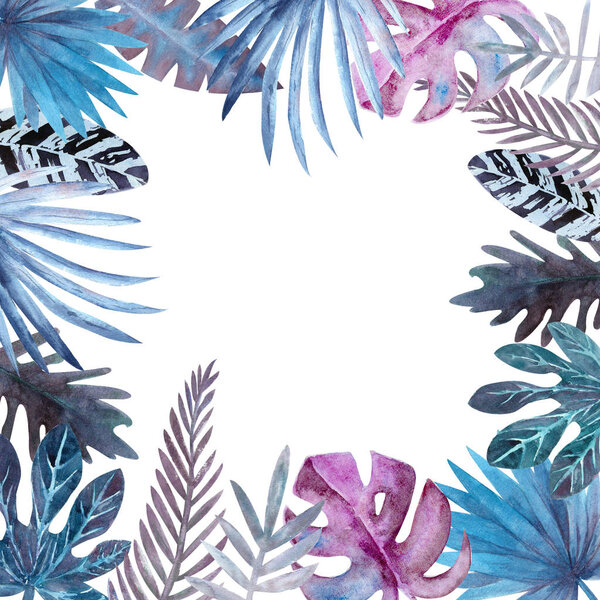 Watercolor frame of colorful tropical leaves. For invitations, greeting cards and Wallpapers.