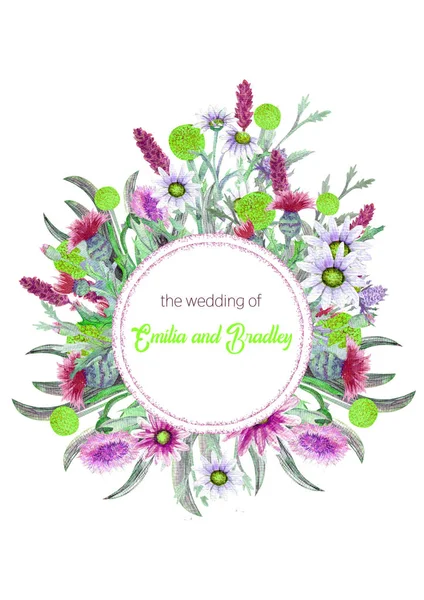 Wedding round frame of wild flowers. Watercolor. Flower arrangement. Greeting card template design. Invitation background. Vertical orientation — Stock Photo, Image