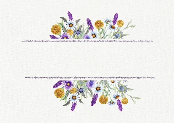 야생 꽃의 웨딩 프레임입니다. Waterclor입니다. 꽃 배열입니다. 인사말 카드 서식 파일 디자인입니다. 초대 배경. — 스톡 사진