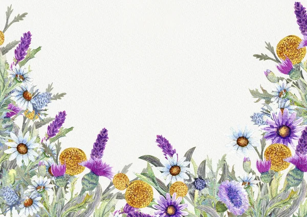 Hochzeitsrunde Rahmen aus Wildblumen. Aquarell. Blumenschmuck. Design der Grußkarte. Hintergrund der Einladung. — Stockfoto