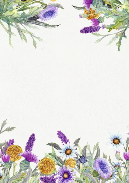 Hochzeit vertikalen Rahmen von Wildblumen. Aquarell. Blumenschmuck. Design der Grußkarte. Hintergrund der Einladung. vertikale Orientierung — Stockfoto