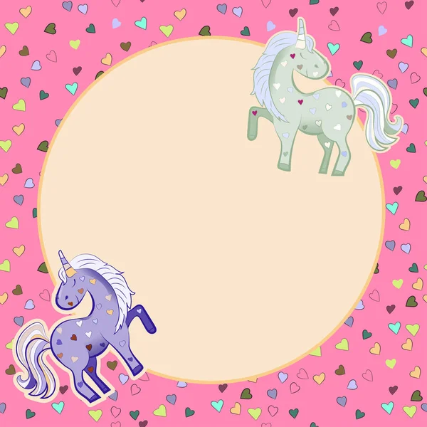 Unicorni Colori Pastello Sullo Sfondo Dei Cuori Grafica Cornice Rotonda — Vettoriale Stock