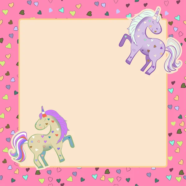 Unicorni Colori Pastello Sullo Sfondo Dei Cuori Grafica Quadrato Illustrazione — Vettoriale Stock