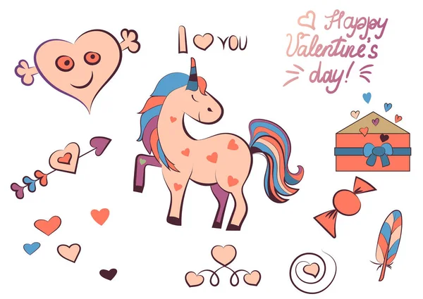 Set di elementi di San Valentino isolati su sfondo bianco. Illustrazione vettoriale. Unicorno, cuore, lettera, freccia, caramelle, piume, scritte Ti amo, Buon San Valentino — Vettoriale Stock