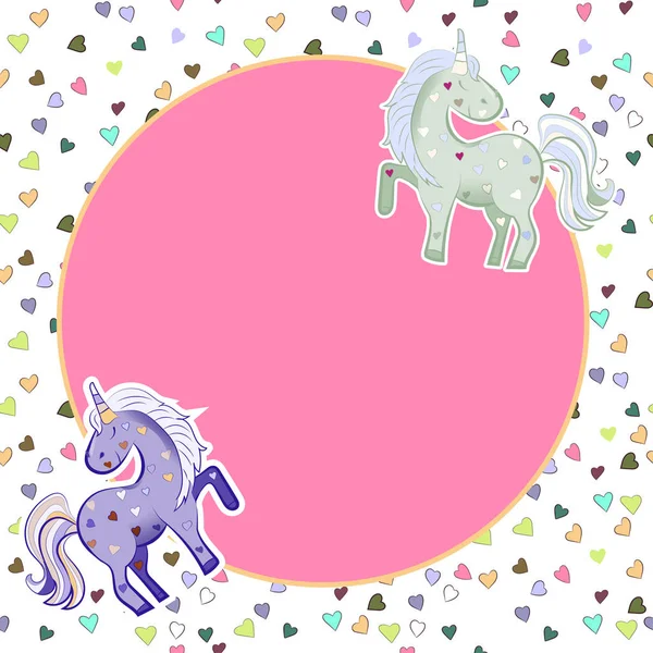 Unicorni in colori pastello sullo sfondo dei cuori. Grafica vettoriale. Cornice rotonda rosa. Illustrazione per San Valentino . — Vettoriale Stock