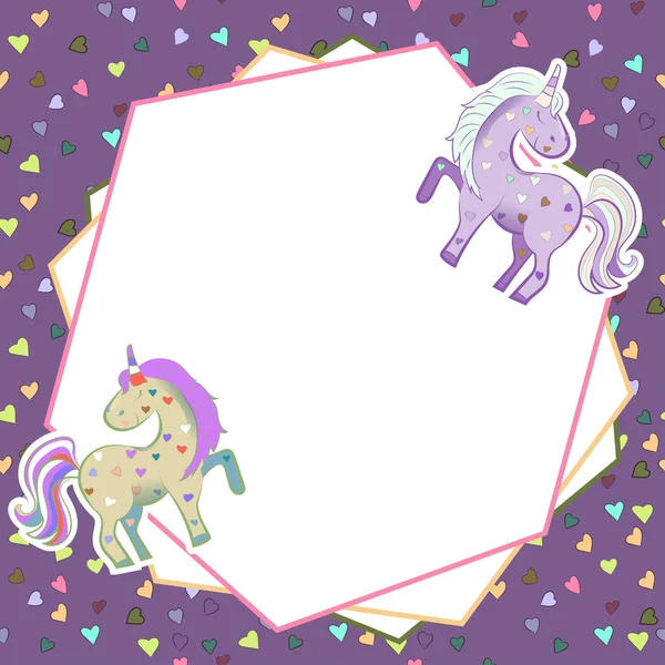 Unicorni in colori pastello sullo sfondo dei cuori. Grafica vettoriale. Cornice astratta su sfondo lilla. Illustrazione per San Valentino . — Vettoriale Stock