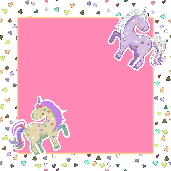 Unicorni in colori pastello sullo sfondo dei cuori. Grafica vettoriale. Quadrato rosa cornice. Illustrazione per San Valentino . — Vettoriale Stock