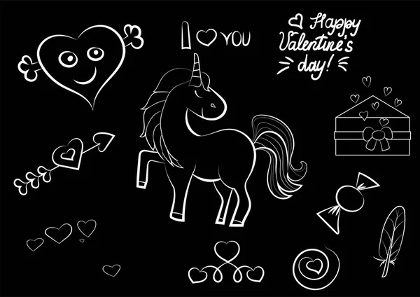 Набір елементів Валентина s день милий ізольовані на чорному тлі. Ескіз. Векторні ілюстрації. Єдиноріг, серце, лист, стрілка, цукерки, перо, напис, я тебе люблю, щасливого Валентина s день — стоковий вектор