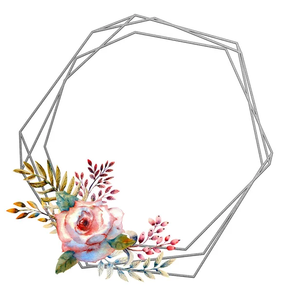 花の枝のセット ピンクのバラの花 緑の葉 花と結婚式の概念 花のポスター招待状 グリーティングカードや招待状のデザインのための水彩アレンジ — ストック写真