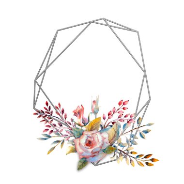 Çiçek dalları. Pembe gül çiçeği, yeşil yapraklar, kırmızı. Çiçekli düğün konsepti. Çiçekli poster, davetiye. Tebrik kartı veya davet tasarımı için suluboya düzenlemeleri.