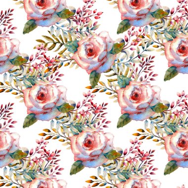 Seamless modeli. Çiçek dallar kümesi. Pembe gül çiçek, yeşil yaprakları, kırmızı. Çiçekli düğün kavramı. Çiçek afiş, davetiye. Tebrik kartı ve davetiye tasarım için suluboya düzenlemeler.