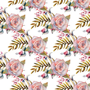 Seamless modeli. Çiçek dallar kümesi. Pembe gül çiçek, yeşil yaprakları, kırmızı. Çiçekli düğün kavramı. Çiçek afiş, davetiye. Tebrik kartı ve davetiye tasarım için suluboya düzenlemeler.