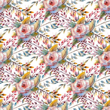 Seamless modeli. Çiçek dallar kümesi. Pembe gül çiçek, yeşil yaprakları, kırmızı. Çiçekli düğün kavramı. Çiçek afiş, davetiye. Tebrik kartı ve davetiye tasarım için suluboya düzenlemeler.