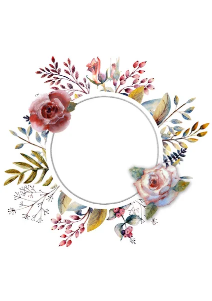 Set of flower branches. Pink rose flower, green leaves, red . Wedding concept with flowers. Floral poster, invitation. Watercolor arrangements for greeting card or invitation design. round frame — Stock Photo, Image