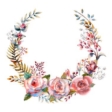 Çiçek dalları. Pembe gül çiçeği, yeşil yapraklar, kırmızı. Çiçekli düğün konsepti. Çiçekli poster, davetiye. Tebrik kartı veya davet tasarımı için suluboya düzenlemeleri.