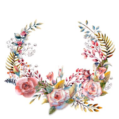 Çiçek dalları. Pembe gül çiçeği, yeşil yapraklar, kırmızı. Çiçekli düğün konsepti. Çiçekli poster, davetiye. Tebrik kartı veya davet tasarımı için suluboya düzenlemeleri.