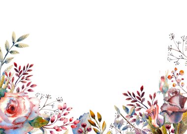 Çiçek dallar kümesi. Pembe gül çiçek, yeşil yaprakları, kırmızı. Çiçekli düğün kavramı. Çiçek afiş, davetiye. Tebrik kartı ve davetiye tasarım için suluboya düzenlemeler. Yatay çerçeve