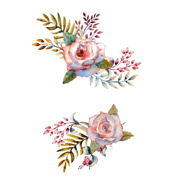 Набір Квіткових Гілок Рожева Квітка Троянди Зелене Листя Червоне Весільна — стокове фото