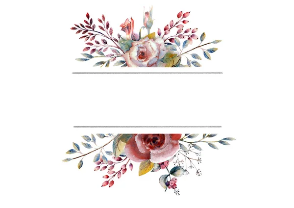 Σύνολο από κλαδιά λουλουδιών. Ροζ τριαντάφυλλο, πράσινα φύλλα, κόκκινο. Έννοια γάμου με λουλούδια. Floral αφίσα, πρόσκληση. Ρυθμίσεις υδατογραφίας για ευχετήρια κάρτα ή σχεδιασμό πρόσκλησης. — Φωτογραφία Αρχείου