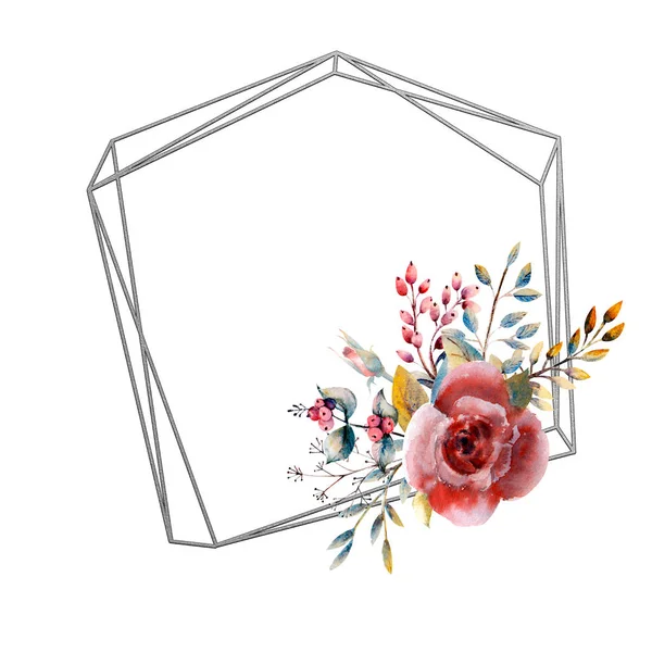 Set von Blumenzweigen. Rosa Rosenblüte, grüne Blätter, rot. Hochzeitskonzept mit Blumen. Blumenposter, Einladung. Aquarell-Arrangements für Grußkarte oder Einladungsdesign. — Stockfoto