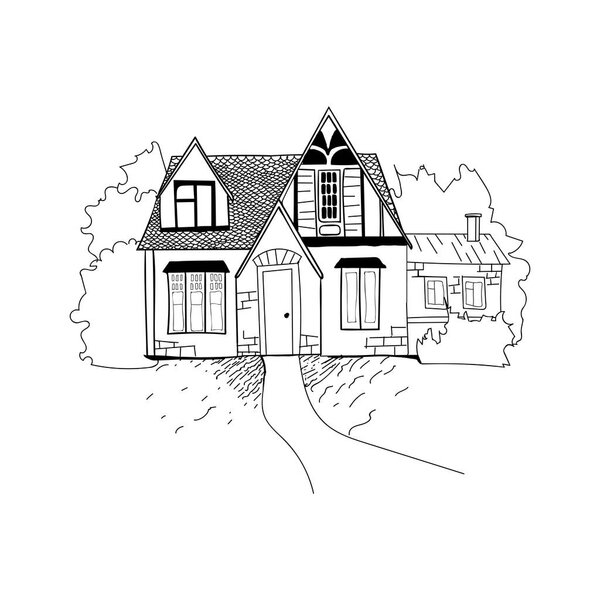 Sketch of the house architecture . Free hand drawing vector illustration. Thumbnail sketch of perspective drawing of the outside of a house. Hand-drawn sketch of a typical country house. Black and