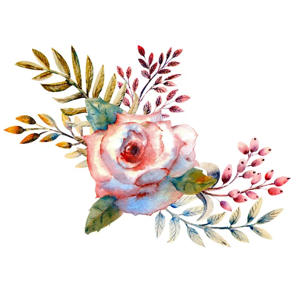 花枝集。粉红色玫瑰花, 绿叶, 红色。婚礼概念与鲜花。花卉海报, 邀请。贺卡或邀请设计的水彩安排。1束鲜花 — 图库照片