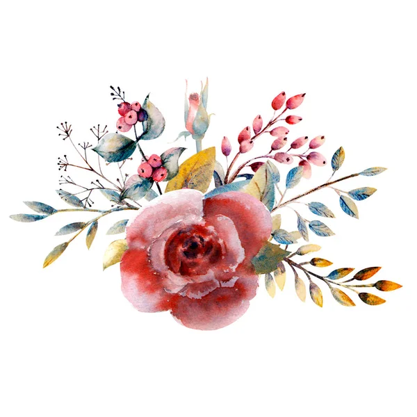 Uppsättning blomma grenar. Rosa ros blomma, gröna blad, röd. Bröllop koncept med blommor. Blommig affisch, inbjudan. Akvarell arrangemang för gratulationskort eller inbjudan design. 1 bukett — Stockfoto