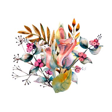 Çiçek dalları. Pembe gül çiçeği, yeşil yapraklar, kırmızı. Çiçekli düğün konsepti. Çiçekli poster, davetiye. Tebrik kartı veya davet tasarımı için suluboya düzenlemeleri