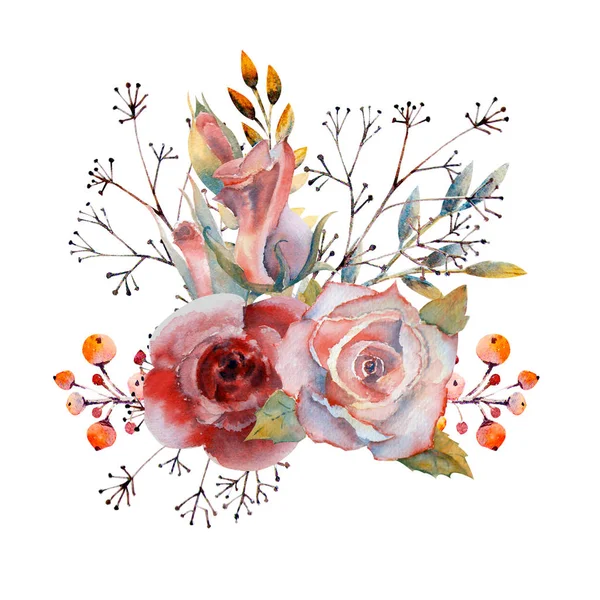 Uppsättning blomma grenar. Rosa ros blomma, gröna blad, röd. Bröllop koncept med blommor. Blommig affisch, inbjudan. Akvarell arrangemang för gratulationskort eller inbjudan design. 1 bukett — Stockfoto