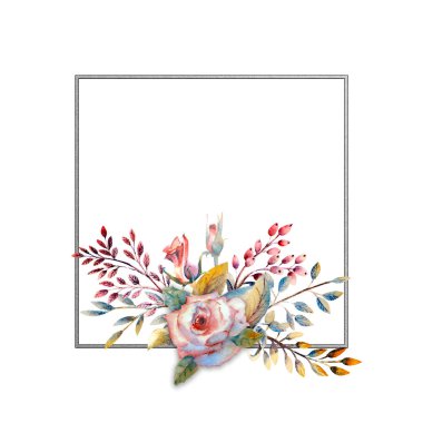 Çiçek dalları. Pembe gül çiçeği, yeşil yapraklar, kırmızı. Çiçekli düğün konsepti. Çiçekli poster, davetiye. Tebrik kartı veya davet tasarımı için suluboya düzenlemeleri.