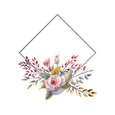 Çiçek dalları. Pembe gül çiçeği, yeşil yapraklar, kırmızı. Çiçekli düğün konsepti. Çiçekli poster, davetiye. Tebrik kartı veya davet tasarımı için suluboya düzenlemeleri.