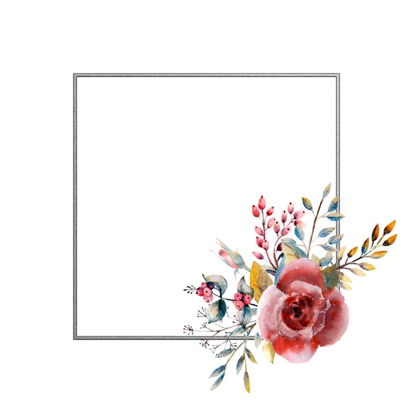 Σύνολο από κλαδιά λουλουδιών. Ροζ τριαντάφυλλο, πράσινα φύλλα, κόκκινο. Έννοια γάμου με λουλούδια. Floral αφίσα, πρόσκληση. Ρυθμίσεις υδατογραφίας για ευχετήρια κάρτα ή σχεδιασμό πρόσκλησης. — Φωτογραφία Αρχείου