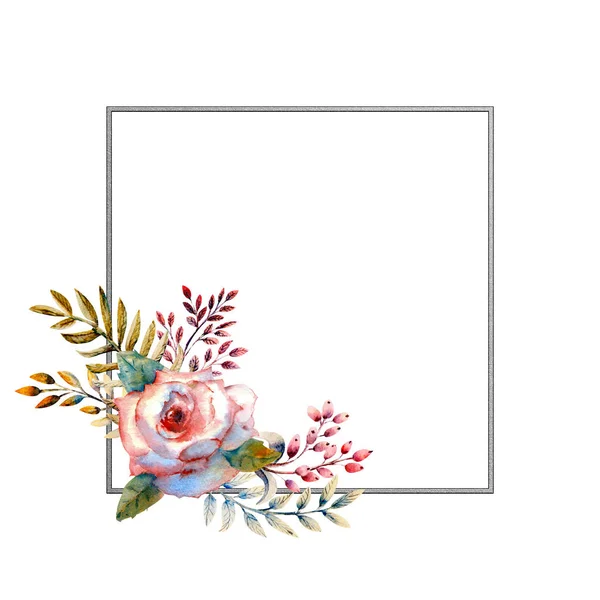 Set van bloemtakken. Roze rozenbloem, groene bladeren, rood. Bruiloft concept met bloemen. Bloemenposter, uitnodiging. Aquarel arrangementen voor wenskaart of uitnodiging ontwerp. — Stockfoto