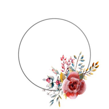 Çiçek dalları. Pembe gül çiçeği, yeşil yapraklar, kırmızı. Çiçekli düğün konsepti. Çiçekli poster, davetiye. Tebrik kartı veya davet tasarımı için suluboya düzenlemeleri