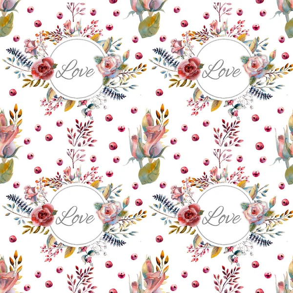 Seamless pattern. Set of flower branches. Pink rose flower, green leaves, red . Wedding concept with flowers. Floral poster, invitation. Watercolor arrangements for greeting card or invitation design. — Stock Photo, Image