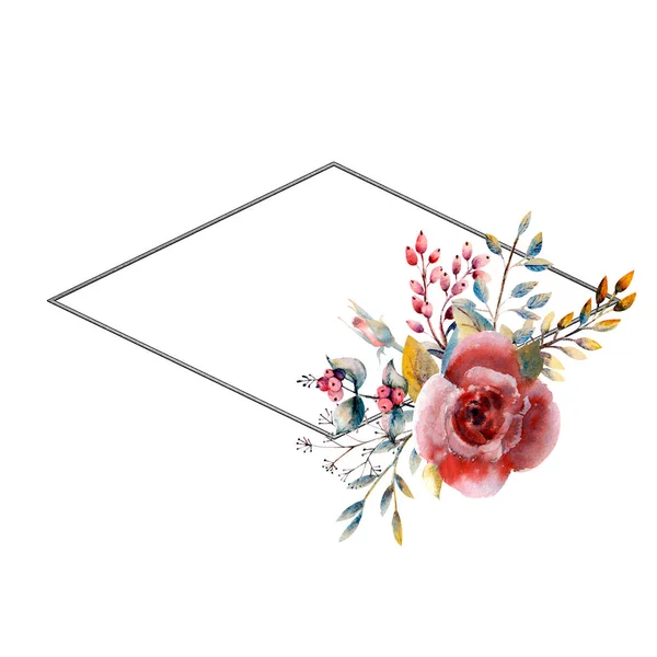 Conjunto de ramas de flores. Rosa flor de rosa, hojas verdes, rojo. Concepto de boda con flores. Cartel floral, invitación. Disposiciones de acuarela para tarjetas de felicitación o diseño de invitación. — Foto de Stock
