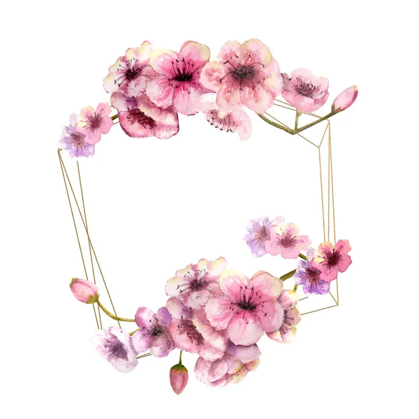 Flor de cerezo, rama Sakura con flores de color rosa sobre marco de oro y fondo blanco aislado. Imagen de la primavera. Una trampa. Ilustración en acuarela. Elementos de diseño. marco geométrico. flores superior e inferior — Foto de Stock