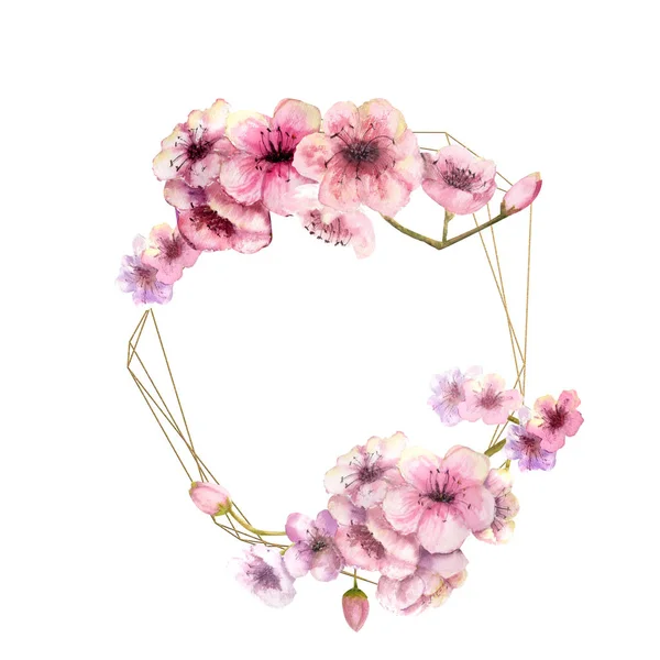 Kirschblüte, Sakura-Zweig mit rosa Blüten auf goldenem Rahmen und isoliertem weißem Hintergrund. Bild des Frühlings. Rahmen. Aquarell-Illustration. Designelemente — Stockfoto