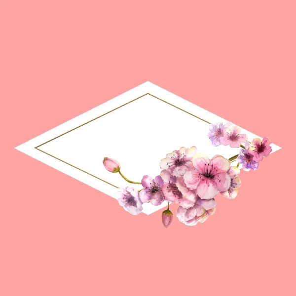Цветок Вишни Сакура Филиал Розовыми Цветами Золотой Рамке Красивым Розовым — стоковое фото
