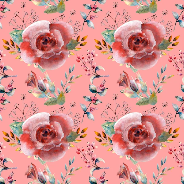 シームレス パターン 花の枝を設定します ピンクのバラの花が 緑の葉 花の結婚式のコンセプト 花のポスター 招待状 グリーティング カードや招待状のデザインの水彩画の手配 — ストック写真