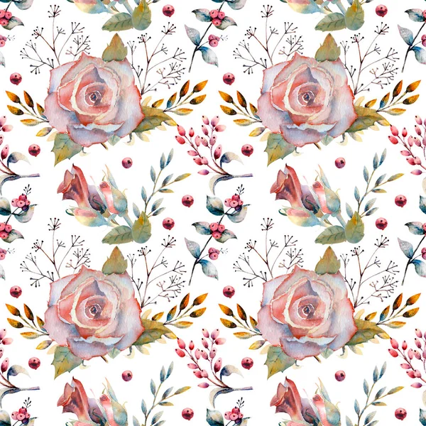 Seamless Pattern Set Flower Branches Pink Rose Flower Green Leaves — Stock Photo, Image