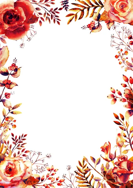 Çiçek dalları. Pembe gül çiçeği, yeşil yapraklar, kırmızı. Çiçekli düğün konsepti. Çiçekli poster, davetiye. Tebrik kartı veya davet tasarımı için suluboya düzenlemeleri