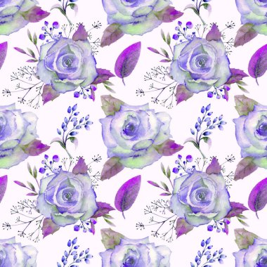 Kusursuz desen. Çiçek dalları kümesi. Gül çiçeği, yapraklar. Çiçeklerle düğün konsepti. Çiçek posteri, davetiye. Tebrik kartları veya davetiyetasarımı için suluboya kompozisyonları. Yumuşak pastel renklerde. Mavi tonları