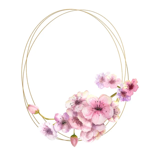Fiore Ciliegio Sakura Branch Con Fiori Rosa Cornice Dorata Sfondo — Foto Stock