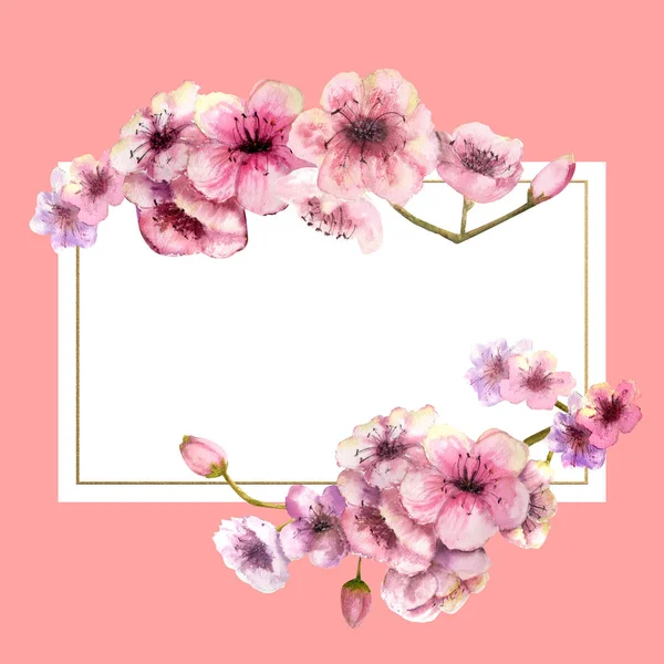 Flor Cerejeira Sakura Branch Com Flores Cor Rosa Moldura Ouro — Fotografia de Stock