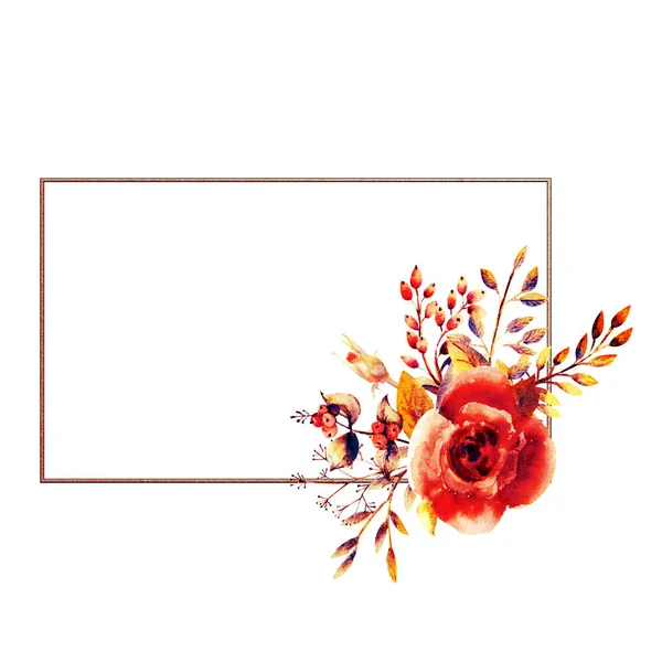 Conjunto de ramas de flores. Rosa flor de rosa, hojas verdes, rojo. Concepto de boda con flores. Cartel floral, invitación. Arreglos de acuarela para tarjetas de felicitación o diseño de invitación. marco de plata —  Fotos de Stock